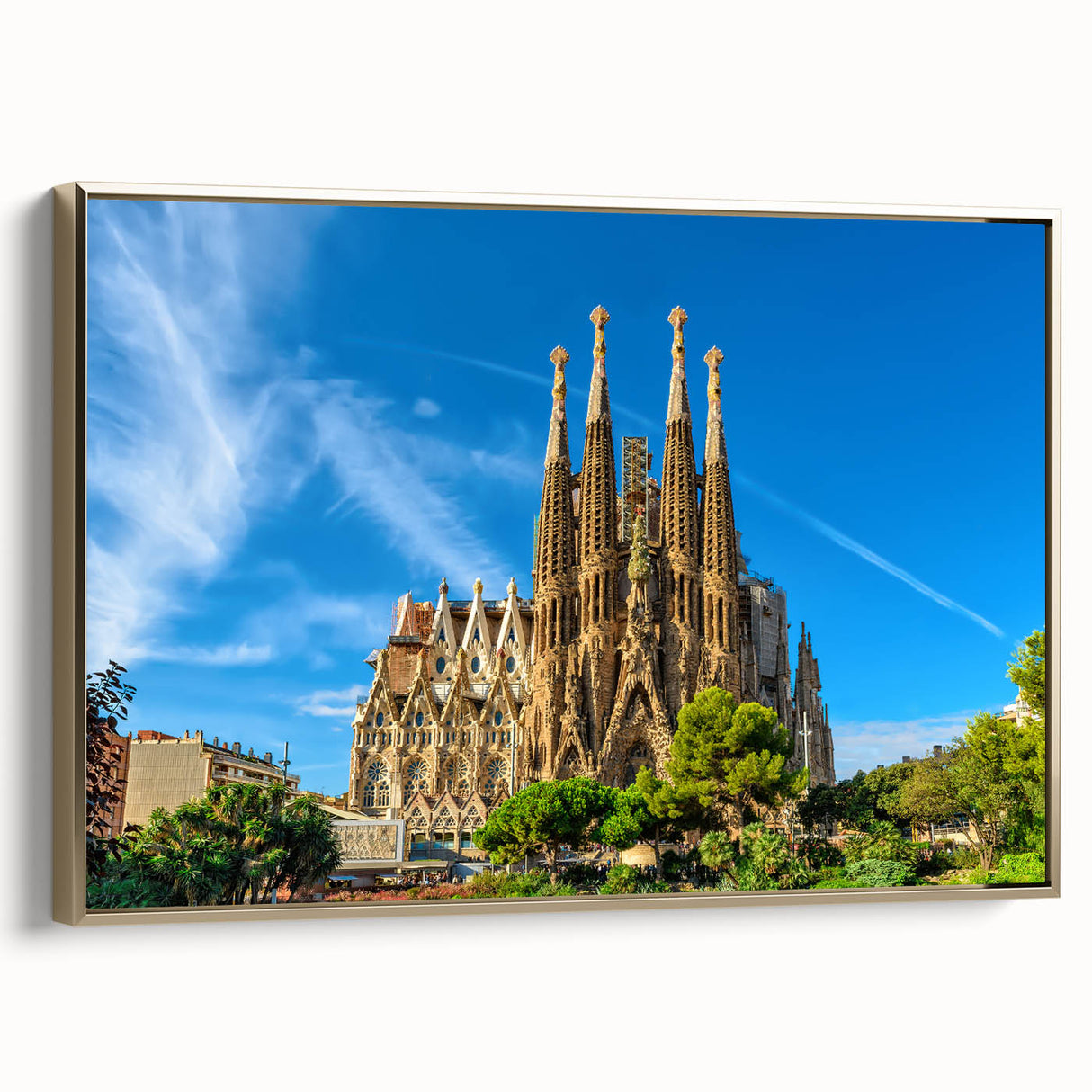 Framed canvas of a vintage-style Barcelona landscape in black and gold, ideal for bedroom wall art.