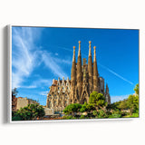 Vintage poster art of Barcelona scenery in vibrant colors on a large framed canvas, ideal for living room decor.