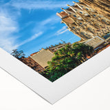 Art deco poster of Barcelona skyline in pastel shades on rolled canvas, suitable for dining room decor.