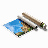 Extra large rolled print of a Barcelona cityscape with muted sepia tones, ideal for classy bathroom wall art.