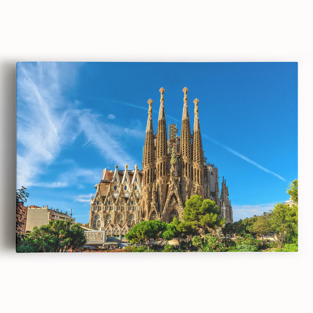 Black and white large art of Barcelona scenery on stretched canvas, ideal for kitchen wall art or bedroom ambiance.