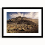 Extra large abstract art print of colorful, textured scenery of Spain’s Canary Islands on a black framed canvas.
