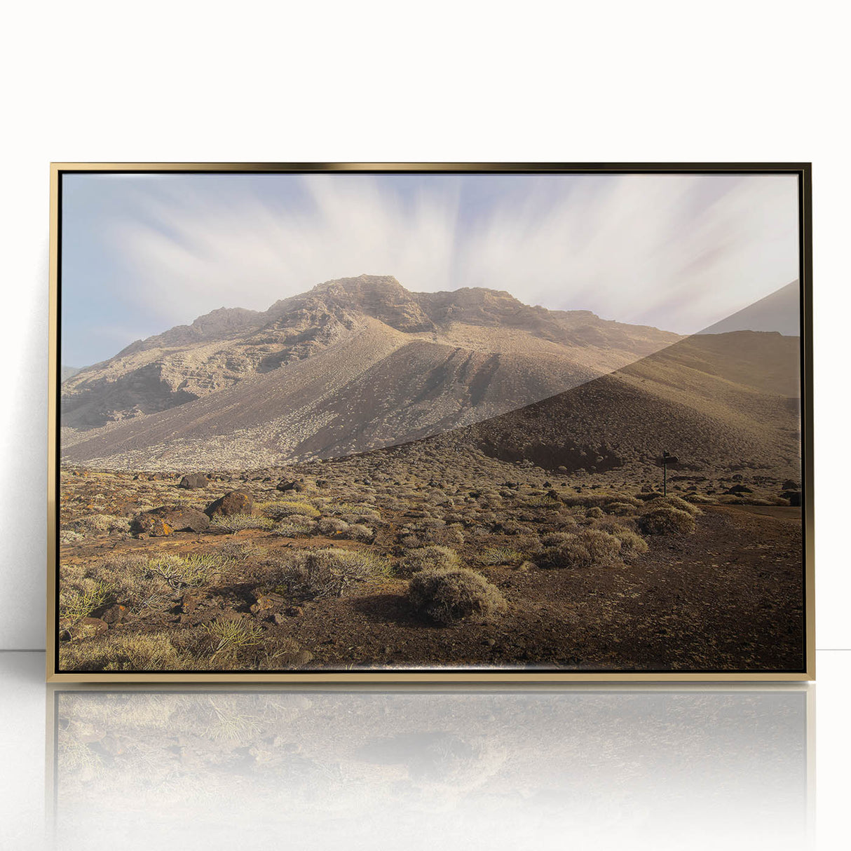 Art deco poster of Canary Islands scenery in muted gold tones on acrylic, ideal for modern art wall decor.