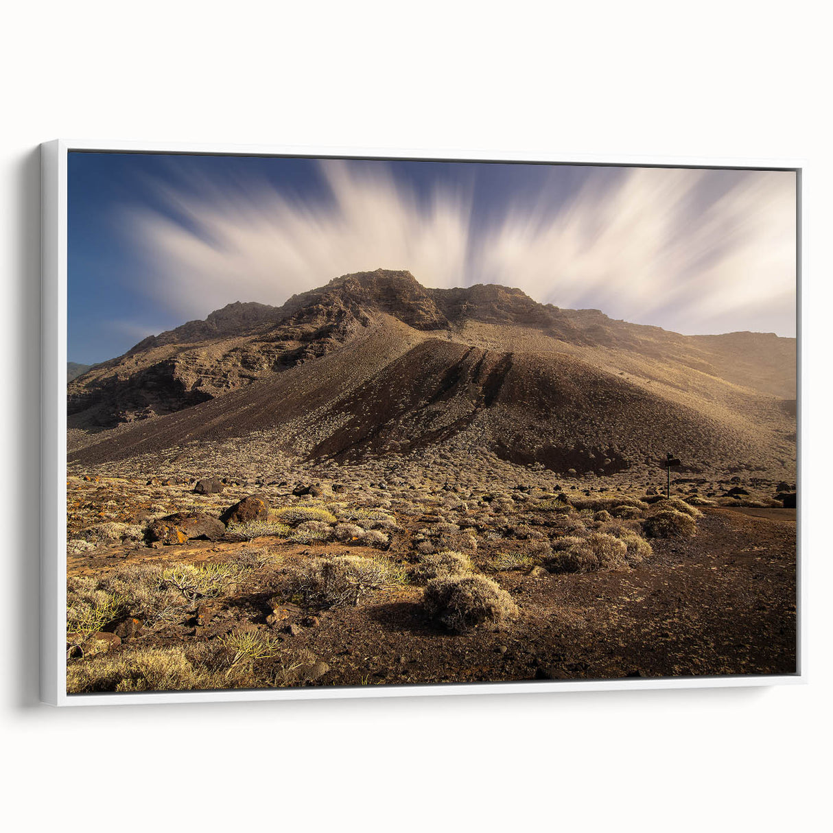 Vintage poster art of a European scenery in vibrant colors on an extra-large white-framed canvas.