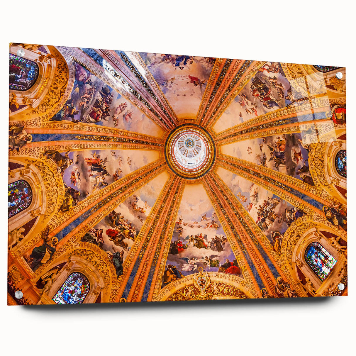Acrylic print of Madrid skyline in muted earth tones, ideal for dining room decor.