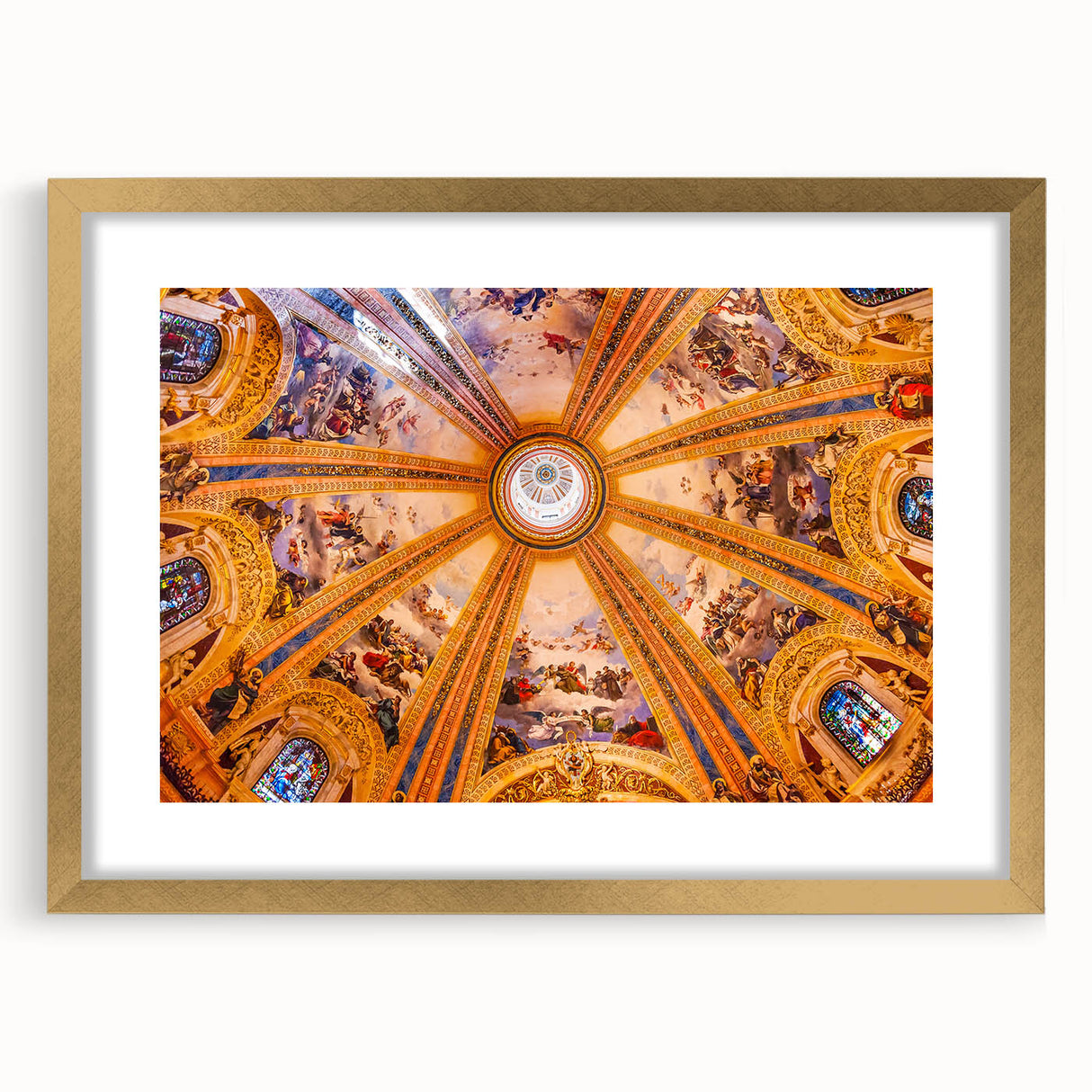 Extra large abstract art print of Madrid scenery in muted gold and brown tones on textured canvas.