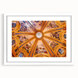 Abstract art print of Madrid cityscape in muted blue and gray tones on a framed white mat, suitable for dining room decor.