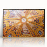 Mid-century modernist art of Madrid skyline in muted gold tones on large acrylic print, suitable for modern art wall decor.