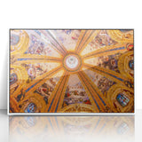 Art deco poster of Madrid skyline in muted blue and white tones on framed acrylic.