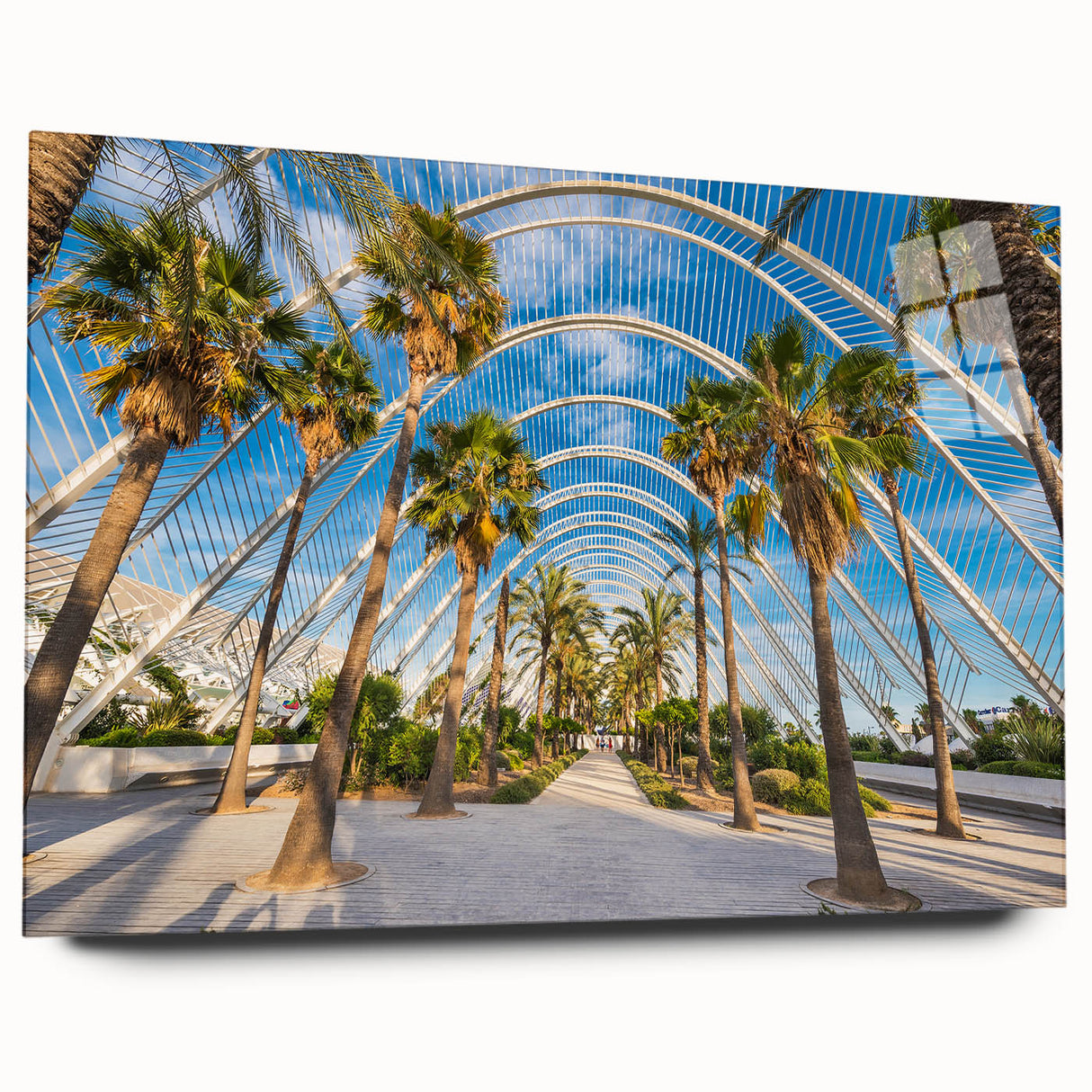 Large abstract wall art of Valencia scenery in muted earth tones on acrylic glass, suitable for bedroom or dining room decor.