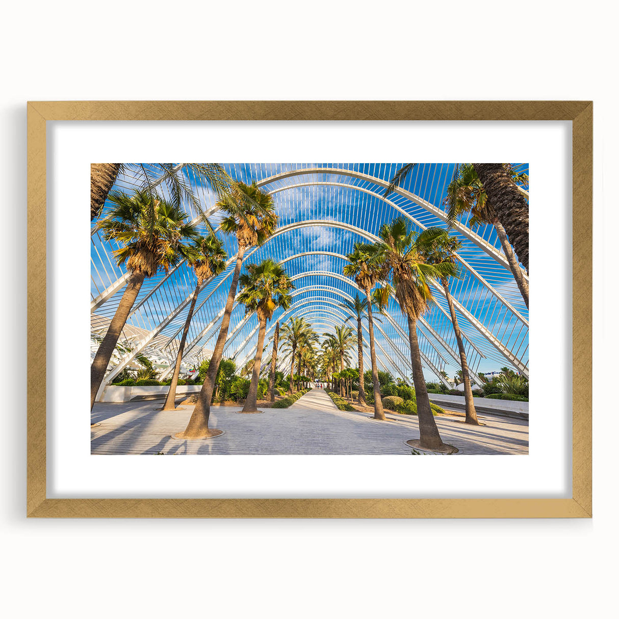 Extra large abstract art print of Valencia scenery in vibrant gold tones on a framed canvas, ideal for living room decor.