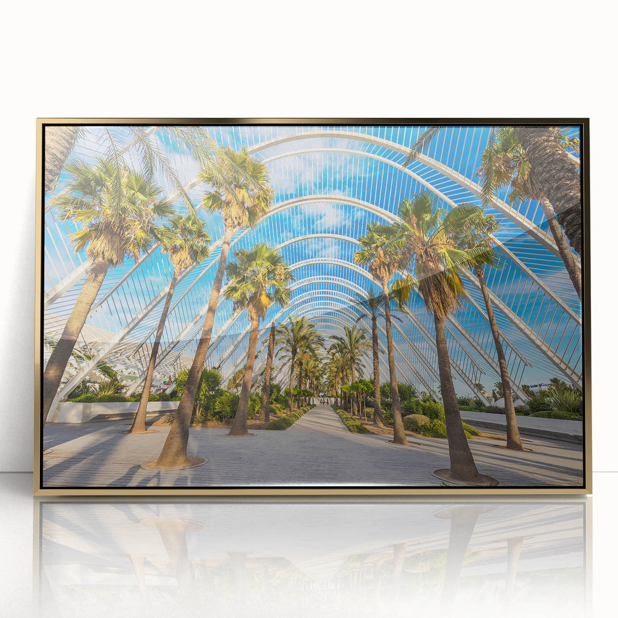 Large art print of Valencia scenery in mid-century modernist style, featuring acrylic framing and golden hues.