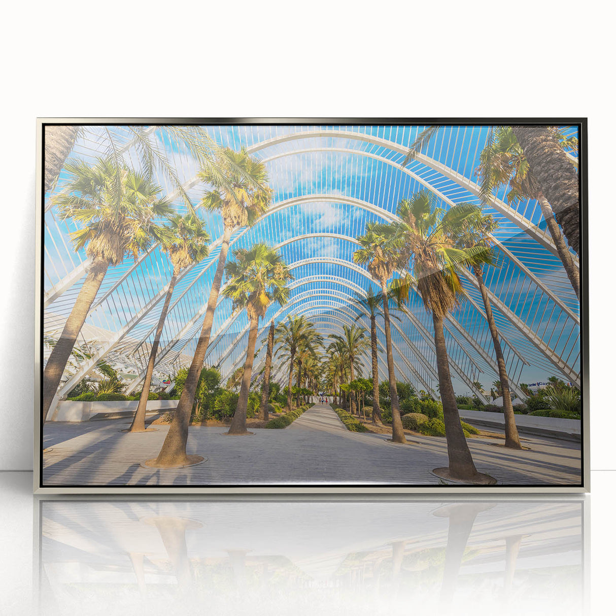 Mid-century modernist art of Valencia cityscape in muted earth tones on a framed acrylic, ideal for nursery wall decor.
