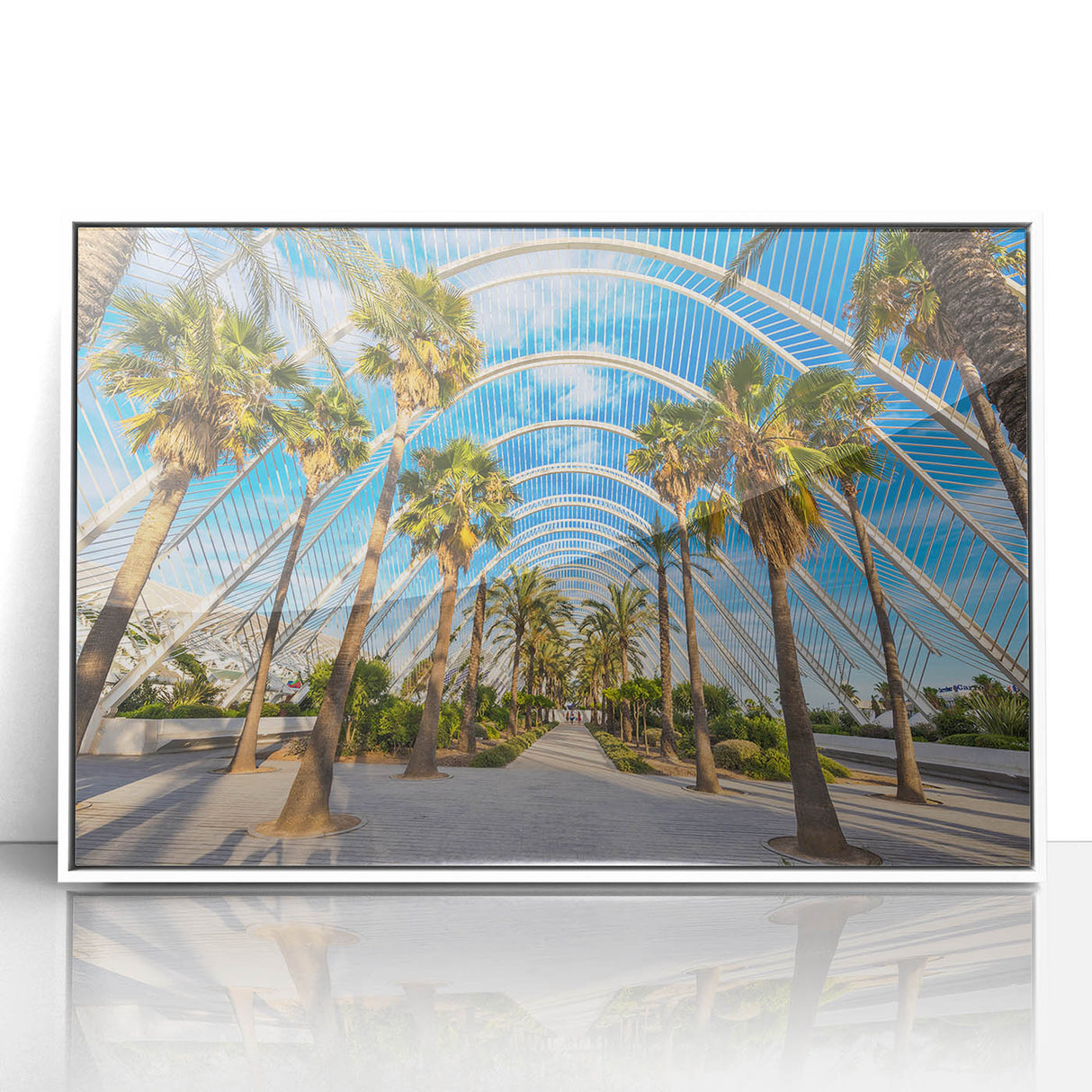 Acrylic print of Valencia scenery with pastel shades, framed in white, suitable for modern art wall decor or nursery.