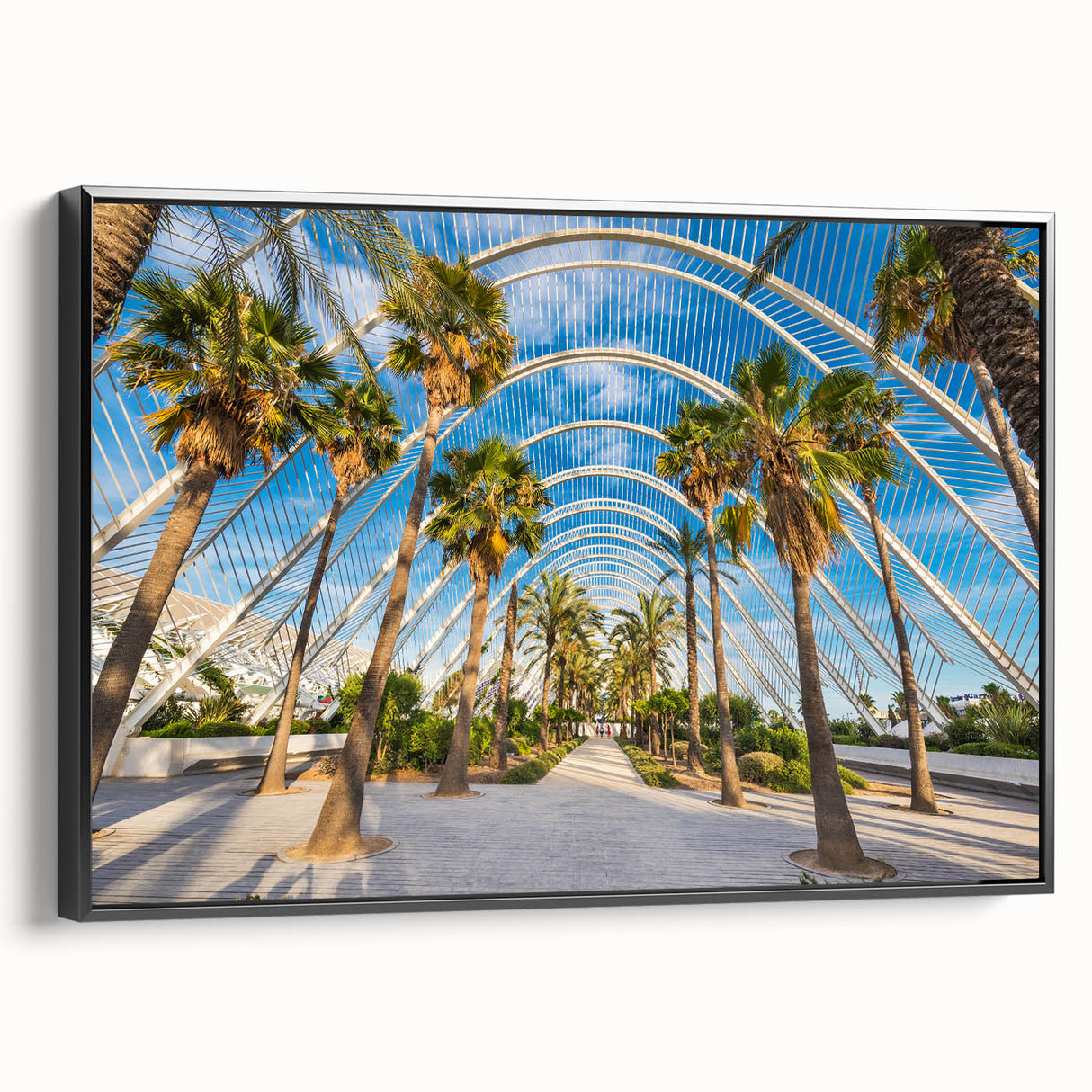 Black and white framed canvas of Valencia landscape with vintage poster art style, ideal for bedroom wall decor.