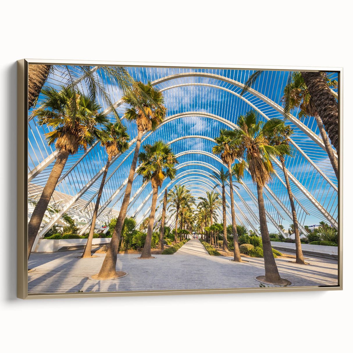 Framed canvas depicting a vintage-style landscape of Valencia with muted gold and black tones, ideal for bedroom wall art.