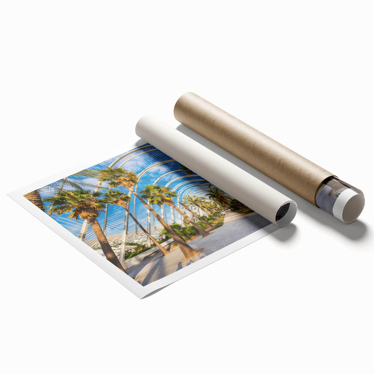 Extra large rolled print of Valencia scenery with vibrant floral elements, ideal for classy bathroom wall art.