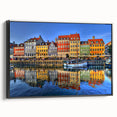 Black and white wall art of Stockholm landscape on framed canvas, suited for bedroom decoration.
