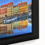 Extra large framed canvas of a textured, colorful Stockholm scenery in black wall art, ideal for living room decor.