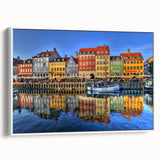 Vintage poster art of Stockholm with colorful, detailed buildings on extra large framed canvas, ideal for living room decor.