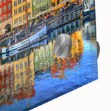 Large abstract wall art of Stockholm scenery in muted green and blue on acrylic glass, suitable for dining room decor.