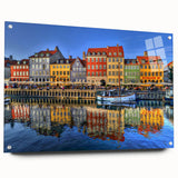 Acrylic print of a large abstract depiction of Stockholm, featuring muted blue and gray tones, ideal for dining room decor.