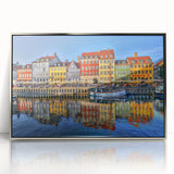 Mid-century modernist art of Stockholm skyline in muted blue and silver hues, framed acrylic, ideal for nursery wall art.