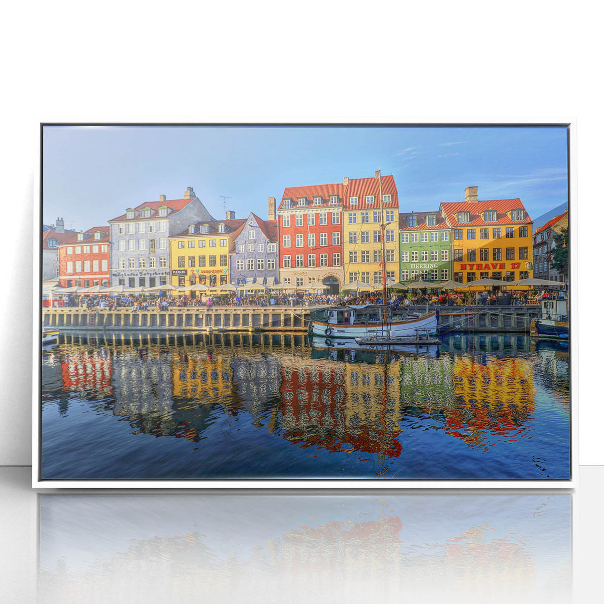 Art deco poster of Stockholm skyline in muted blue and white tones, framed acrylic, ideal for modern art wall decor.