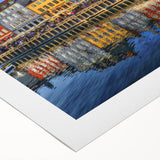 Art deco poster of Stockholm skyline in muted blue and gold tones on rolled canvas, suitable for dining room wall art.