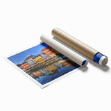 Extra large rolled print of Stockholm scenery with floral elements in soft pastel colors.