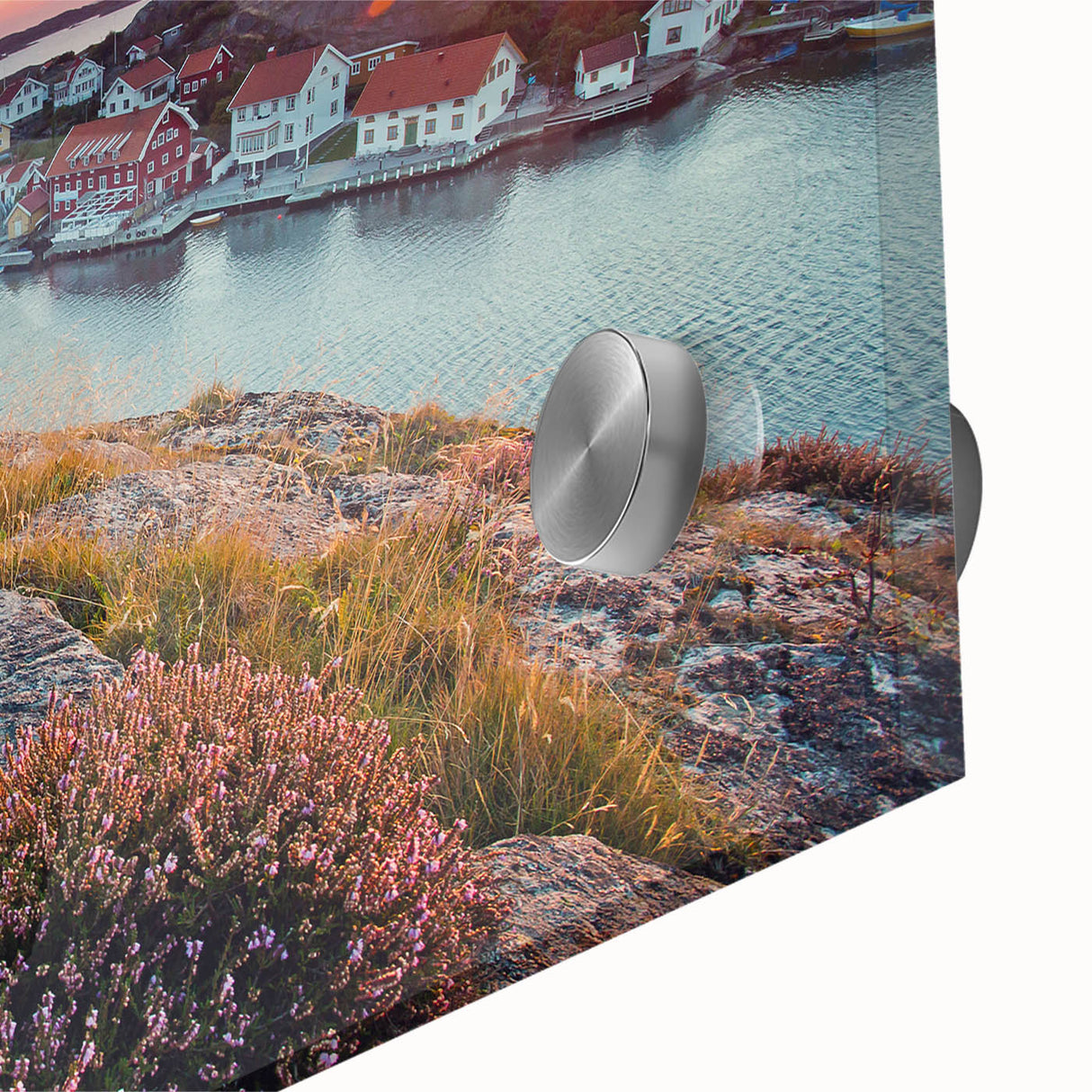 Large abstract wall art depicting a European landscape in muted earth tones on acrylic glass.