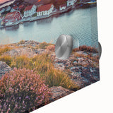 Large abstract wall art depicting a European landscape in muted earth tones on acrylic glass.