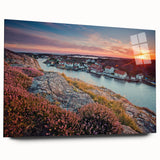 Large abstract wall art depicting a serene Swedish landscape in muted blue and gray tones on acrylic glass.