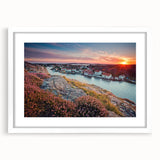 Abstract art print of a Swedish landscape in muted green and blue tones on a framed white canvas.