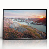 Large abstract wall art featuring a stylized Swedish landscape in muted earth tones, framed in black acrylic.