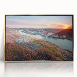 Large art print of a serene Swedish landscape in muted green and blue tones on framed acrylic.