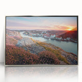 Mid-century modernist art depicting a serene Swedish landscape in muted green and blue tones, framed in silver acrylic.