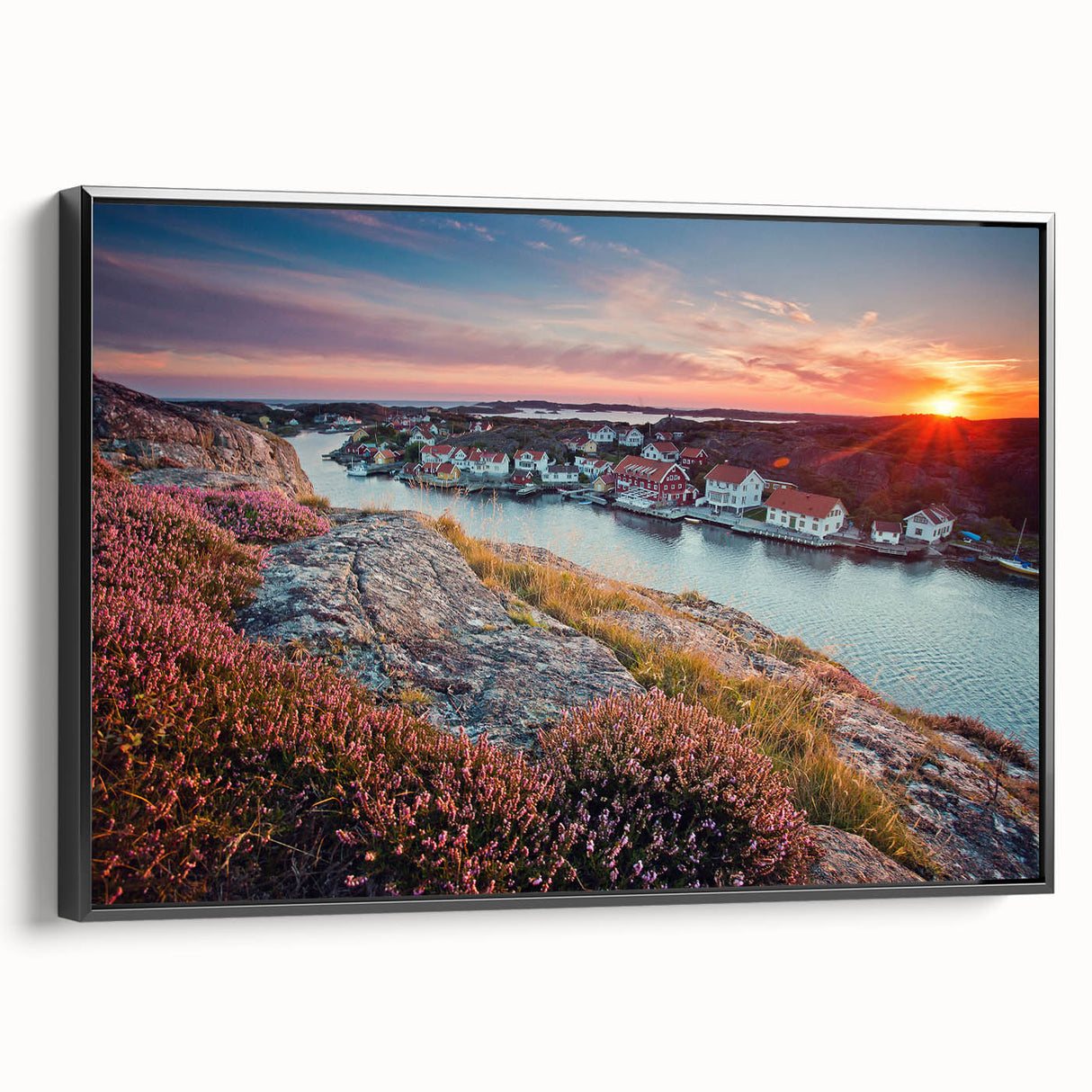 Black and white vintage poster art of a European landscape on framed canvas, ideal for bedroom wall decor.
