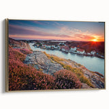 Framed canvas depicting a serene Swedish landscape in muted earth tones, ideal for bedroom wall art.