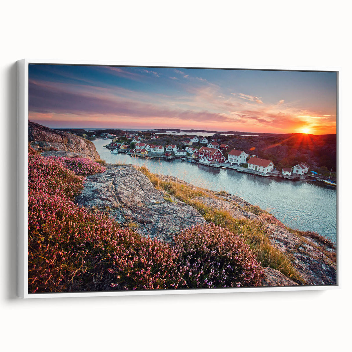 Vintage poster art of a European scenery in Sweden, featuring colorful elements on extra large framed canvas.