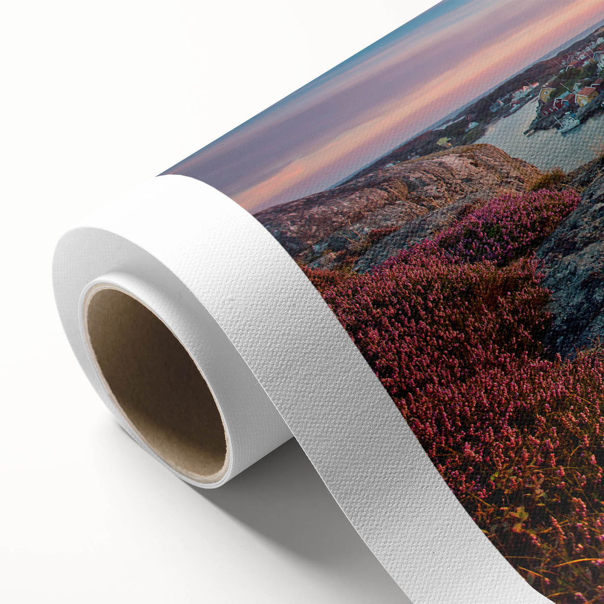 Art deco poster of a serene Swedish landscape in soft pastel colors on rolled canvas, ideal for nursery wall art.