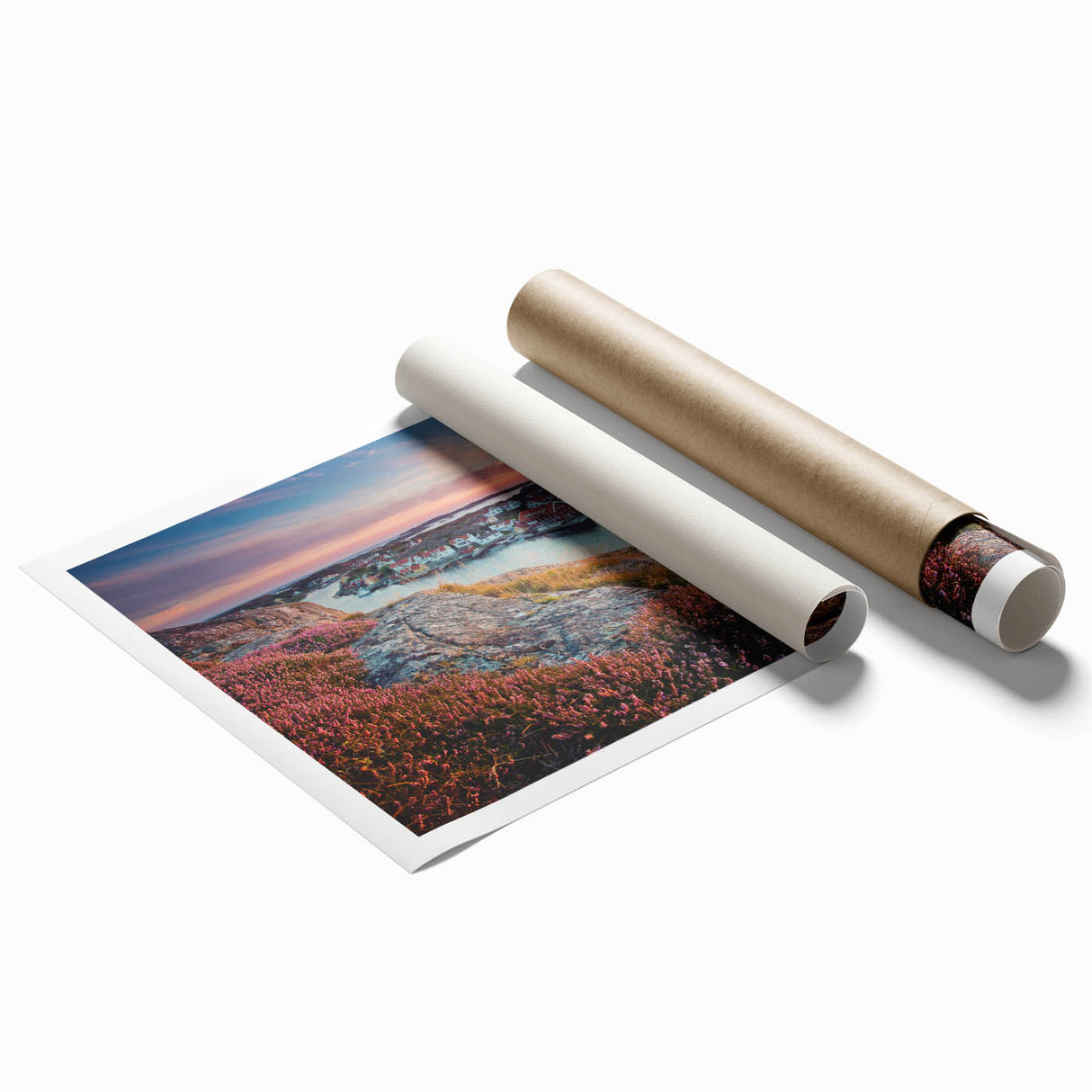 Extra large rolled print of a serene Swedish landscape with vibrant green and blue tones, ideal for classy bathroom wall art.
