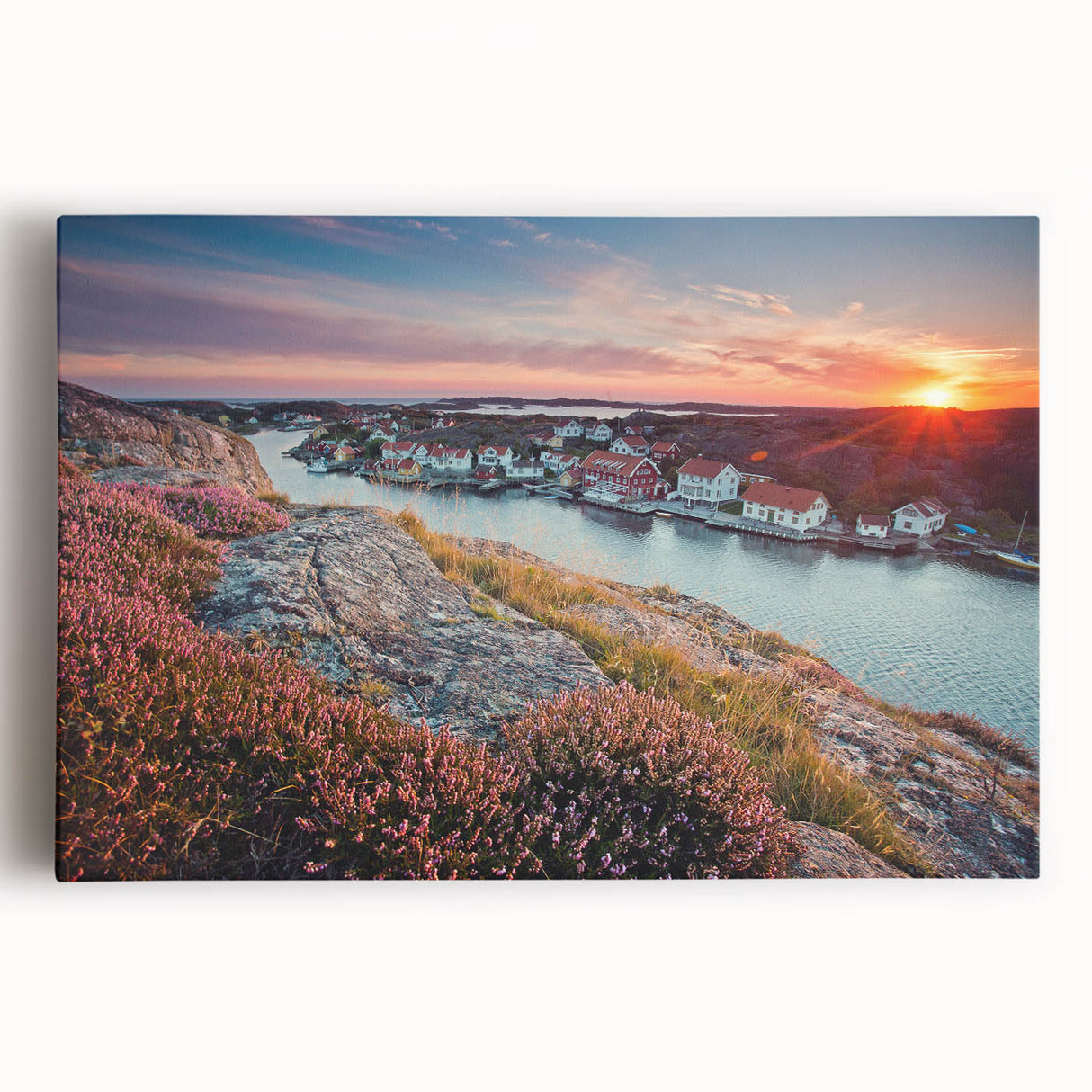 Black and white photograph of a serene Swedish landscape on a large stretched canvas, ideal for kitchen art.