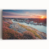 Black and white photograph of a serene Swedish landscape on a large stretched canvas, ideal for kitchen art.