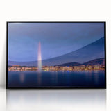 Large abstract wall art depicting the Geneva skyline in muted gray tones, framed in black acrylic.