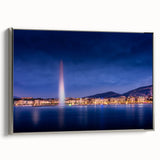 Framed canvas of a vintage-style Geneva landscape painting with colorful art on a black background.