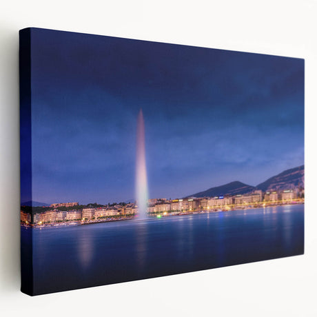 Geneva landscape on large stretched canvas with soft blue and green tones, suited for kitchen wall art.