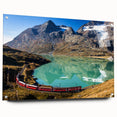 Acrylic print of a Swiss landscape featuring lush green hills and a blue sky, ideal for dining room decor.