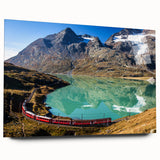 Acrylic print of a Swiss landscape in muted greens and blues, suitable for bedroom or dining room decor.