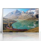 Acrylic print of a serene Swiss landscape in muted green and blue tones, ideal for modern art wall decor.